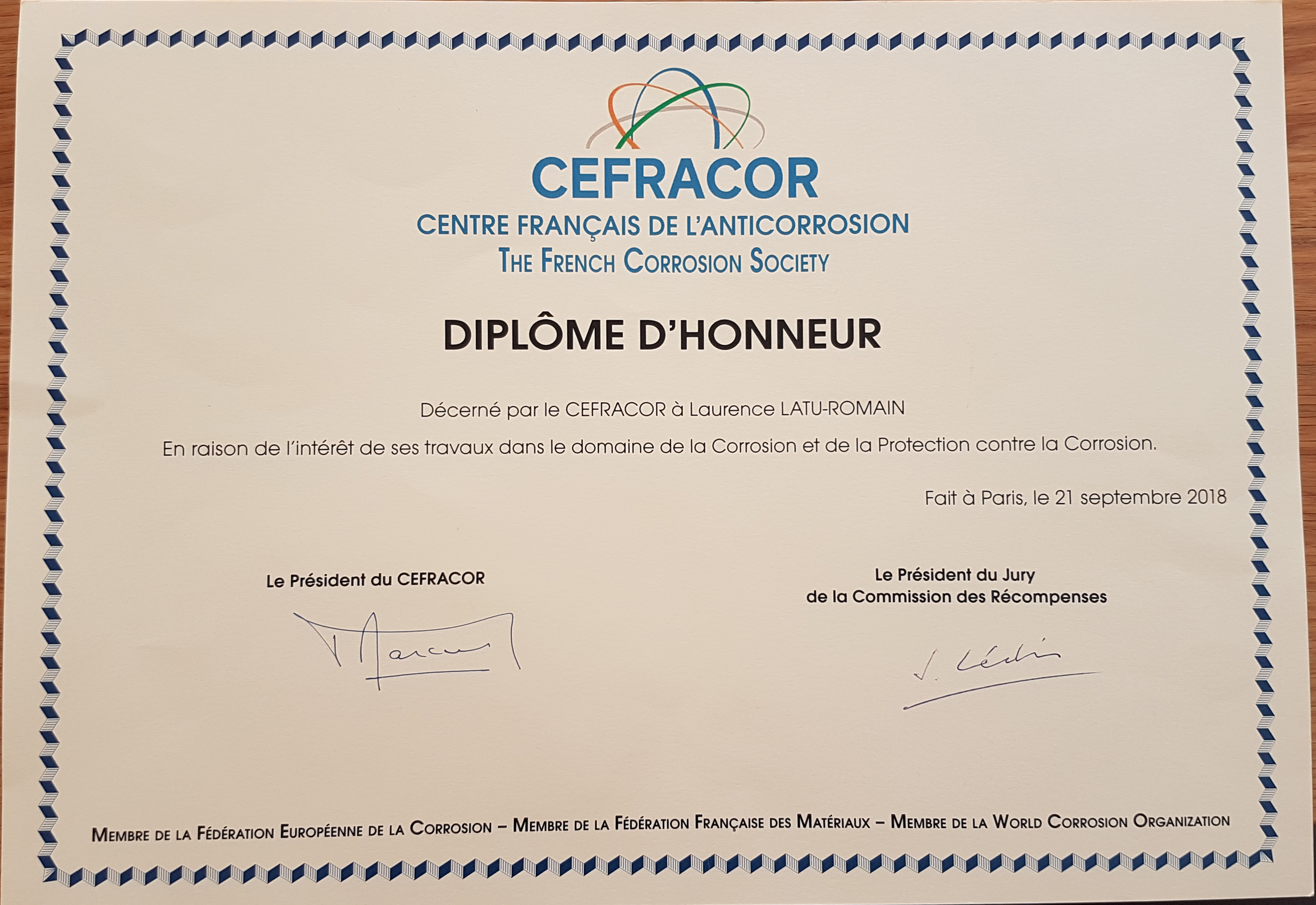 diplome d'honneur CEFRACOR 