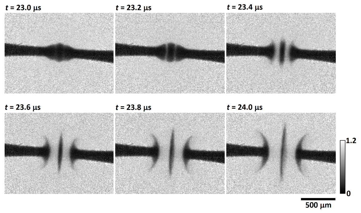 X-ray radiographs of electric arc ignition during fuse operation.