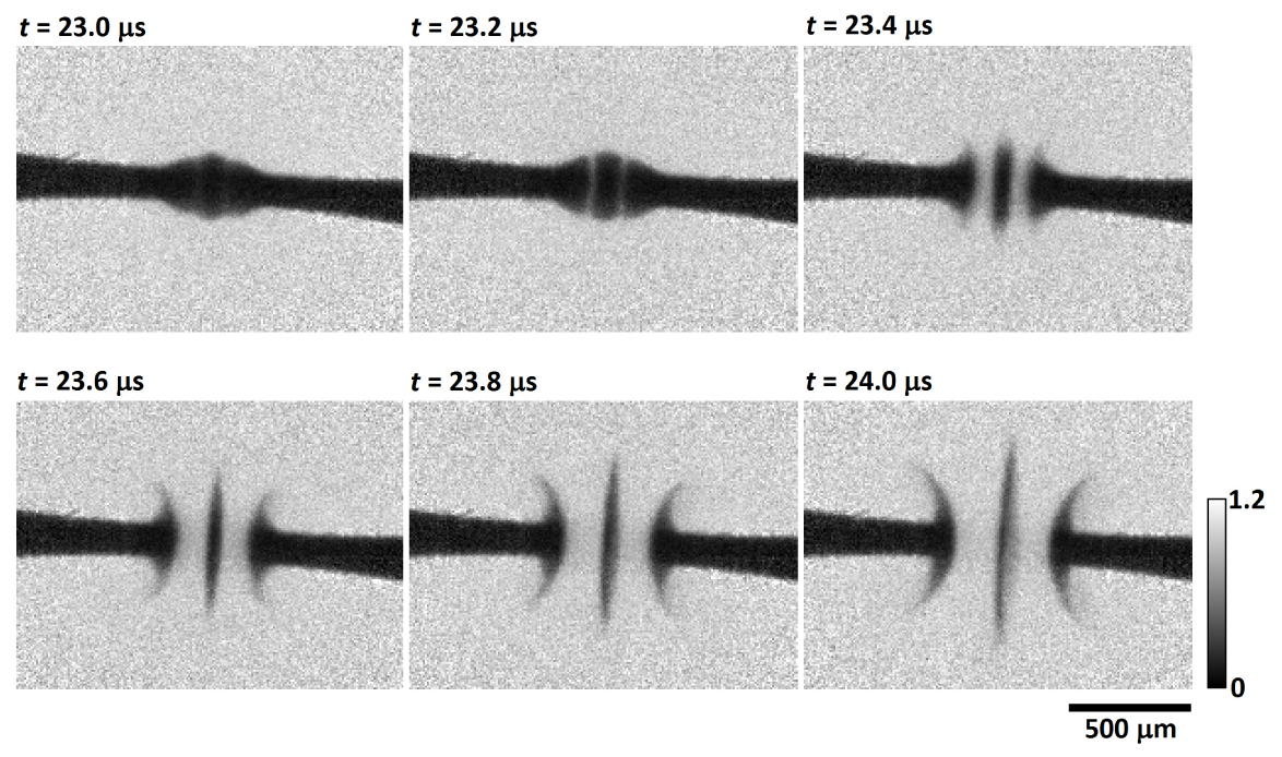 X-ray radiographs of electric arc ignition during fuse operation.